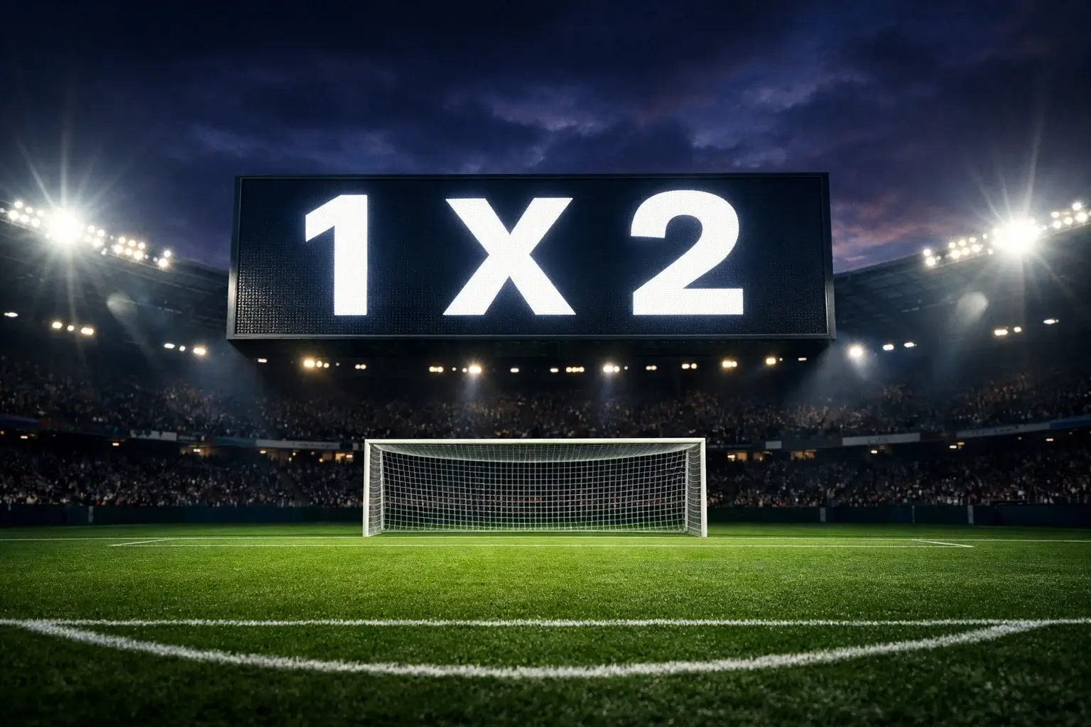 Scorebord met 1X2 weddenschap opties bij een voetbalwedstrijd op een groen veld