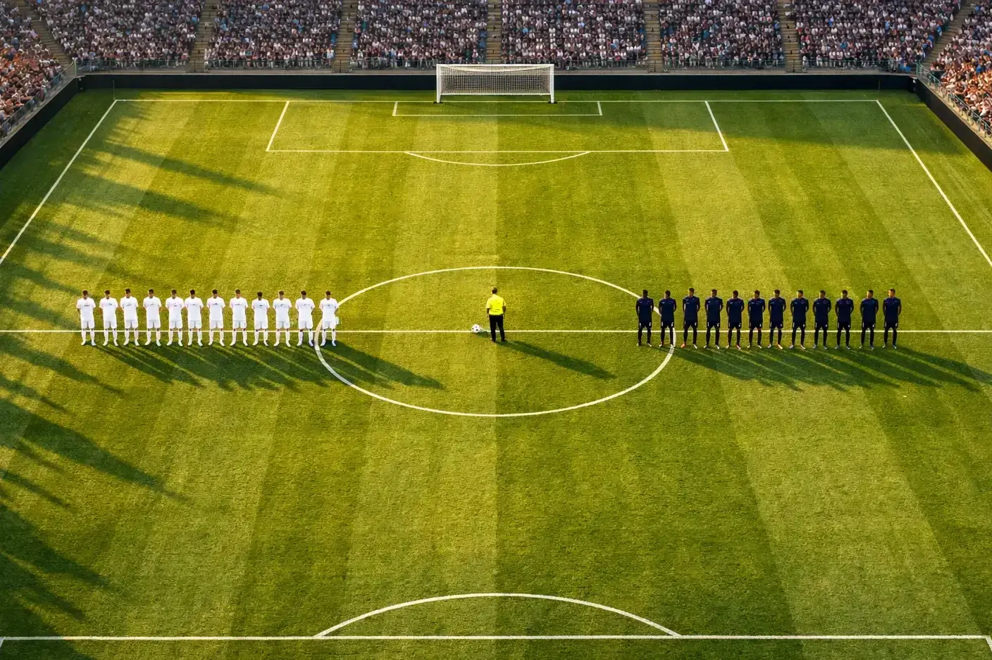 Twee voetbalteams tegenover elkaar bij de aftrap op een groen voetbalveld