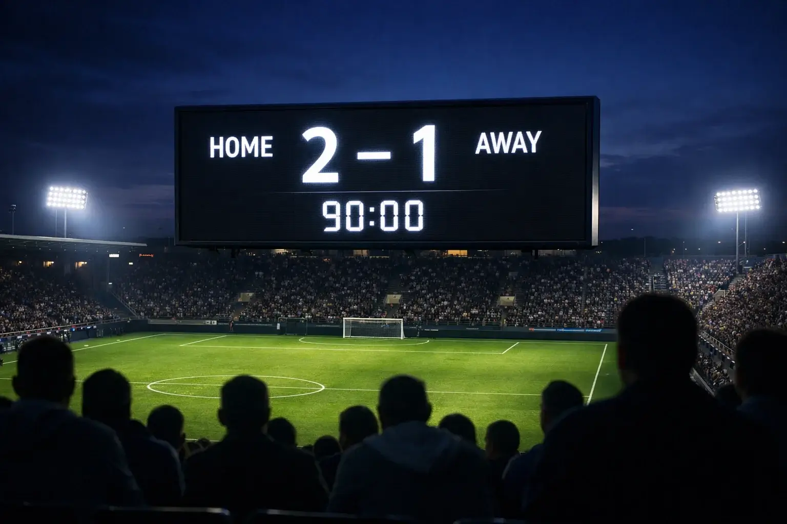 Voetbalschorebord met exacte uitslag op een groot stadionscherm