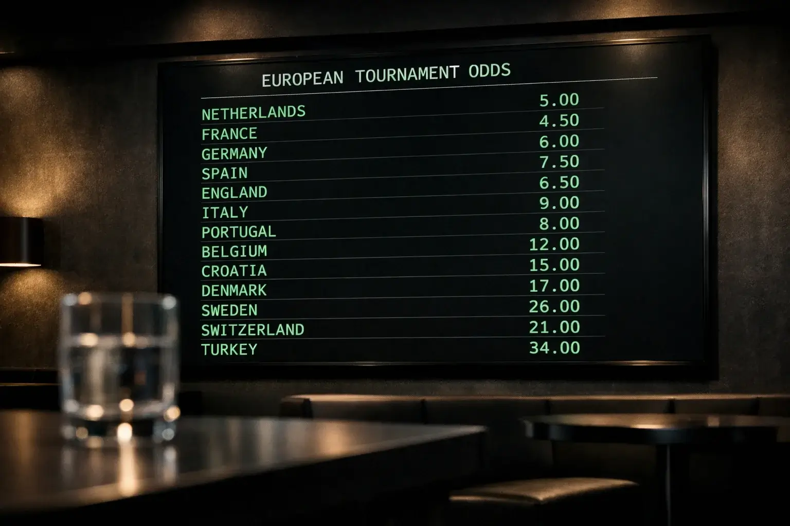 EK voetbal odds en favorieten op een wedkantoor scherm