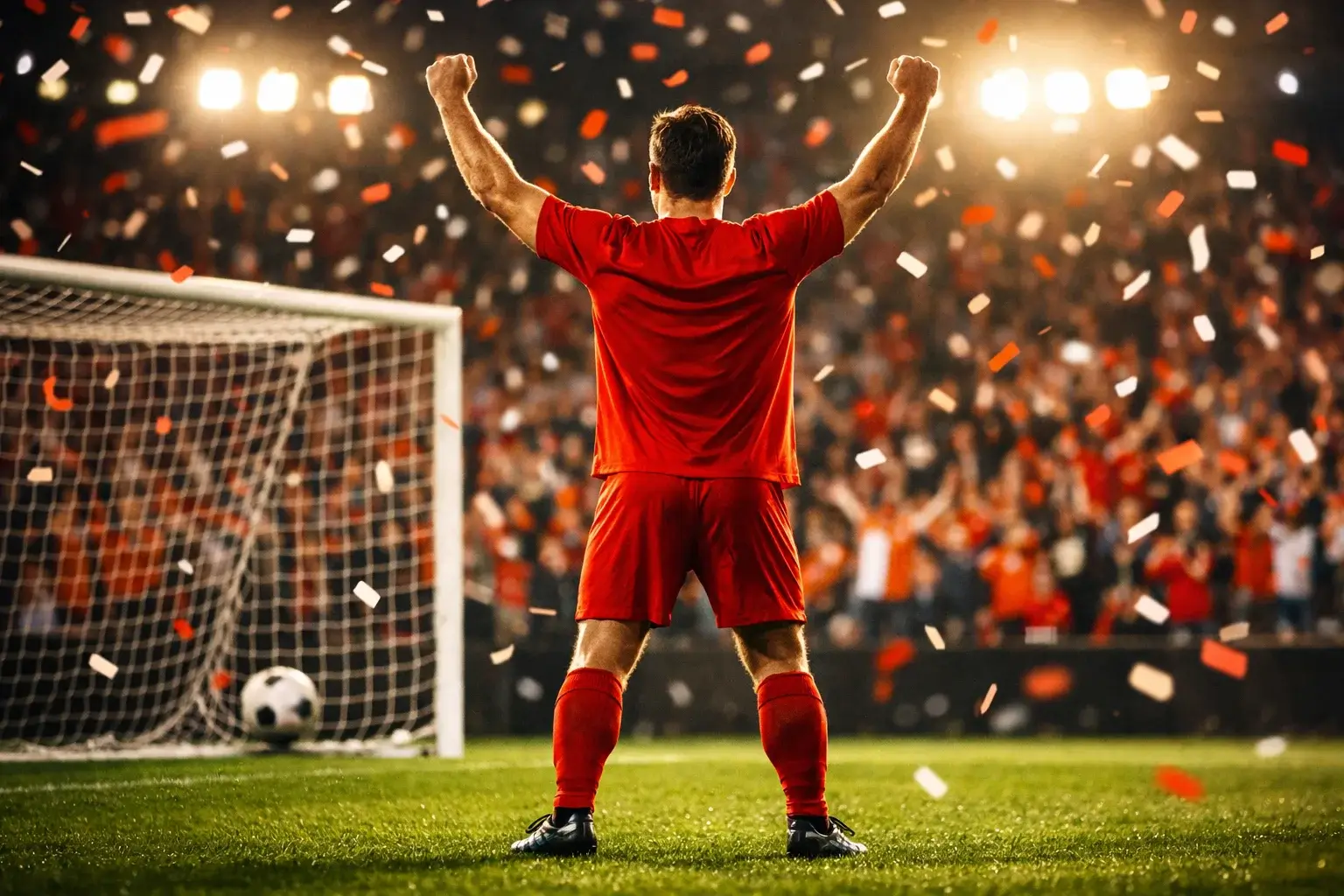 Voetbalspeler viert doelpunt met de Gouden Schoen trofee op de achtergrond