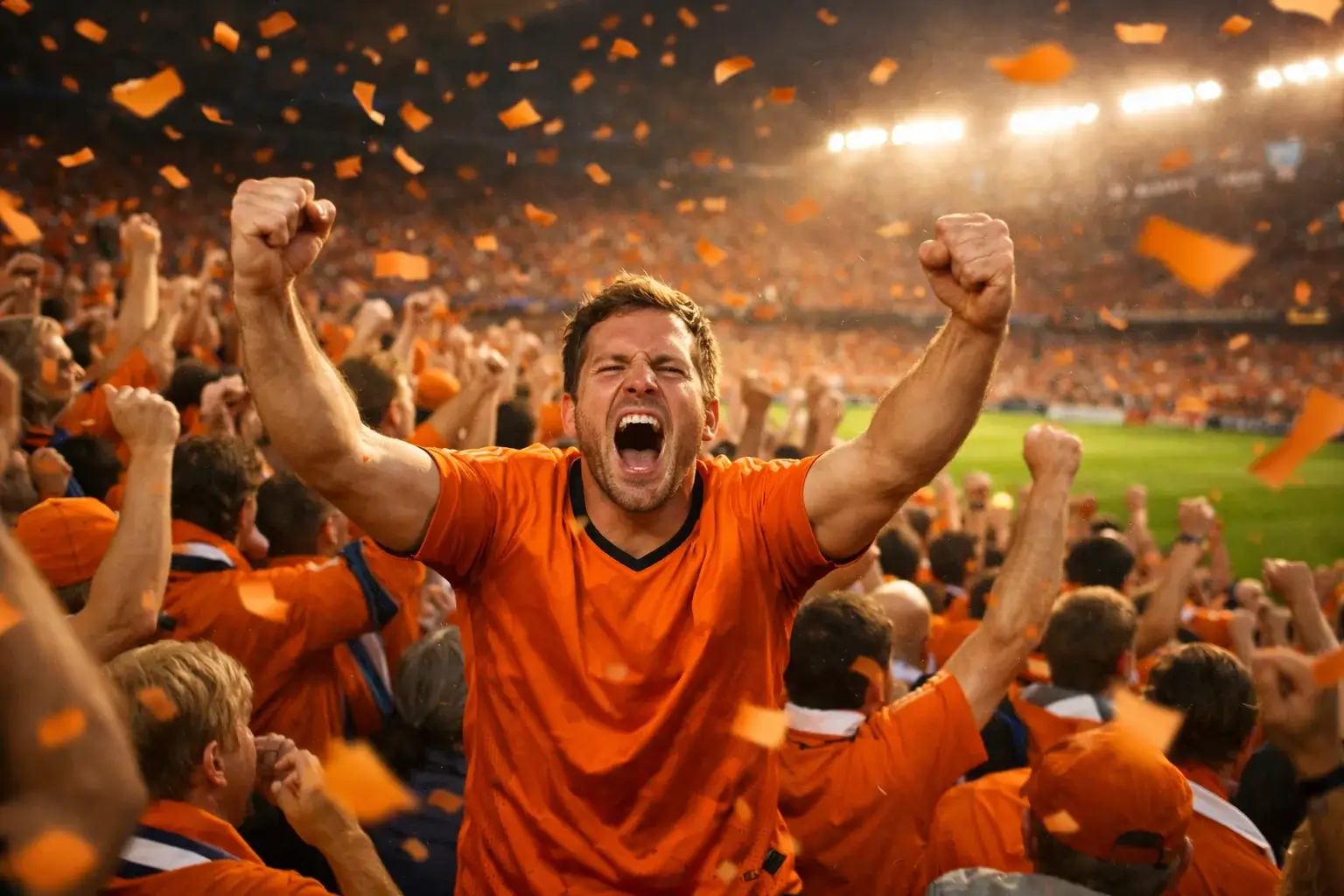 Oranje supporters met Nederlandse vlaggen juichen in een voetbalstadion tijdens het EK
